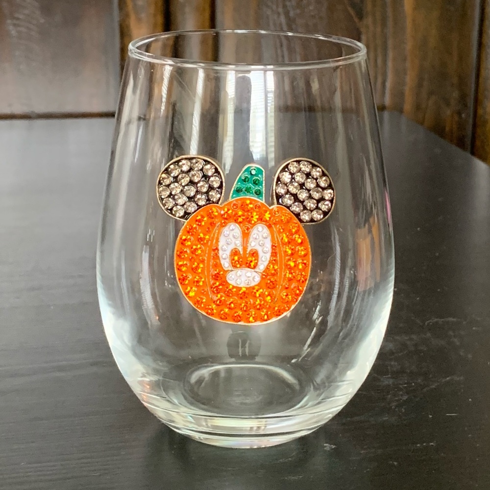 Rhinestone Mickey Mouse Jack O’Lantern Stemless Wine Glass - Disney Halloween